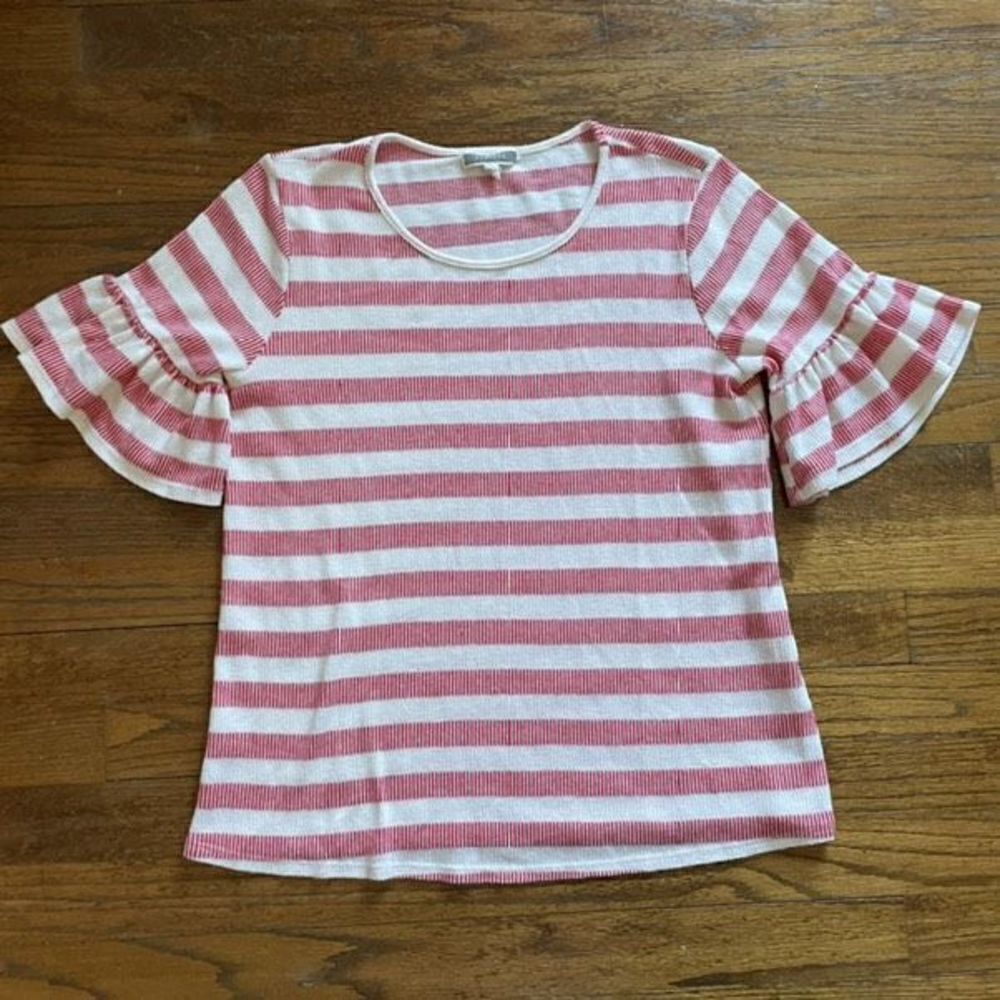 Anthropologie Pleione Red & White Striped Ruffle Sleeve Top